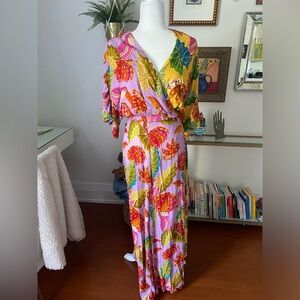 FARM yellow and purple floral wrap dress